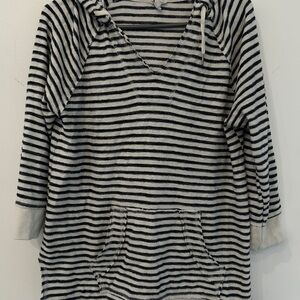 Striped Hooded Pullover Sweater Dress - Black & Cream
